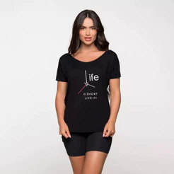 Blusa Fitness Feminina Academia Viscolycra Basica Preta Com Estampa Life