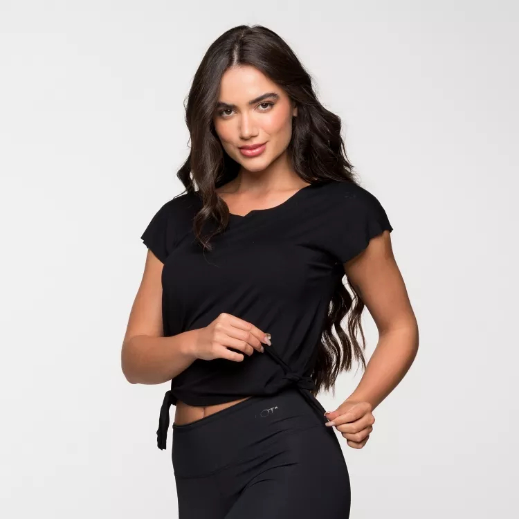Blusa Fitness Feminina Academia Viscolycra Basica Preta Com Amarração Lateral em Oferta na Shopee