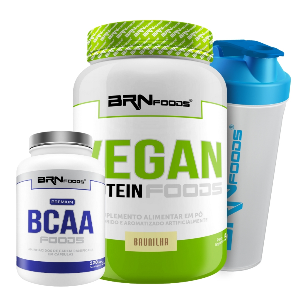 Kit Proteína Vegana Vegan Protein 500g + BCAA Premium 120 Cápsulas + Coqueteleira - BRN FOODS