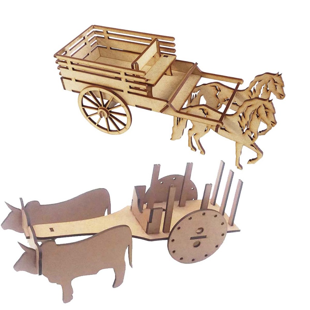 Kit 1 carro de boi 26,5 cm 1 carroça com cavalo 25 cm centro de mesa mdf cru decoração festa fazendinha country cachepot