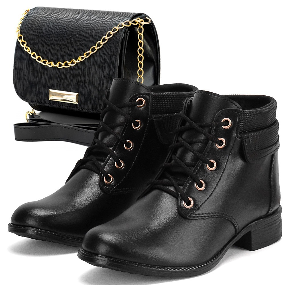Bota Coturno Feminina Blogueira Estilo Montaria + Kit Bolsa Feminina Cano Curto Bico Redondo