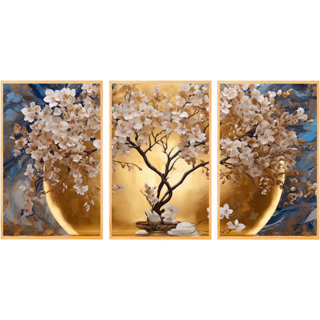 Quadro decorativo para quartos e sala cerejeira branca luz da lua 3 peças (ÁRVORE CEREJEIRA LUA)