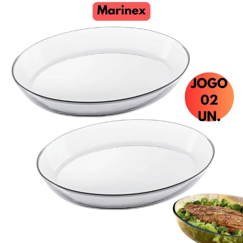 Kit 02 Assadeira Marinex Vidro Oval 1,6L Refratario Lasanheira Cumbuca Resistente Forno Jogo Conjunto Jantar Almoço Sobremesa Pave