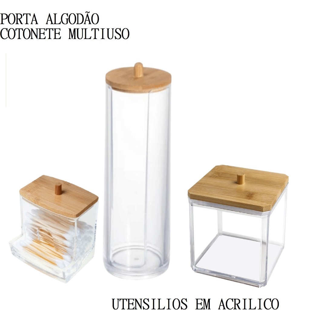 Conjunto Porta Algodão Cotonete De Disco Bambu 17.8x6.6cm Acrílico Organizador Multiuso 9.3x9x7cm Suporte Para Cotonete Organizador 8.7x7x4Cm