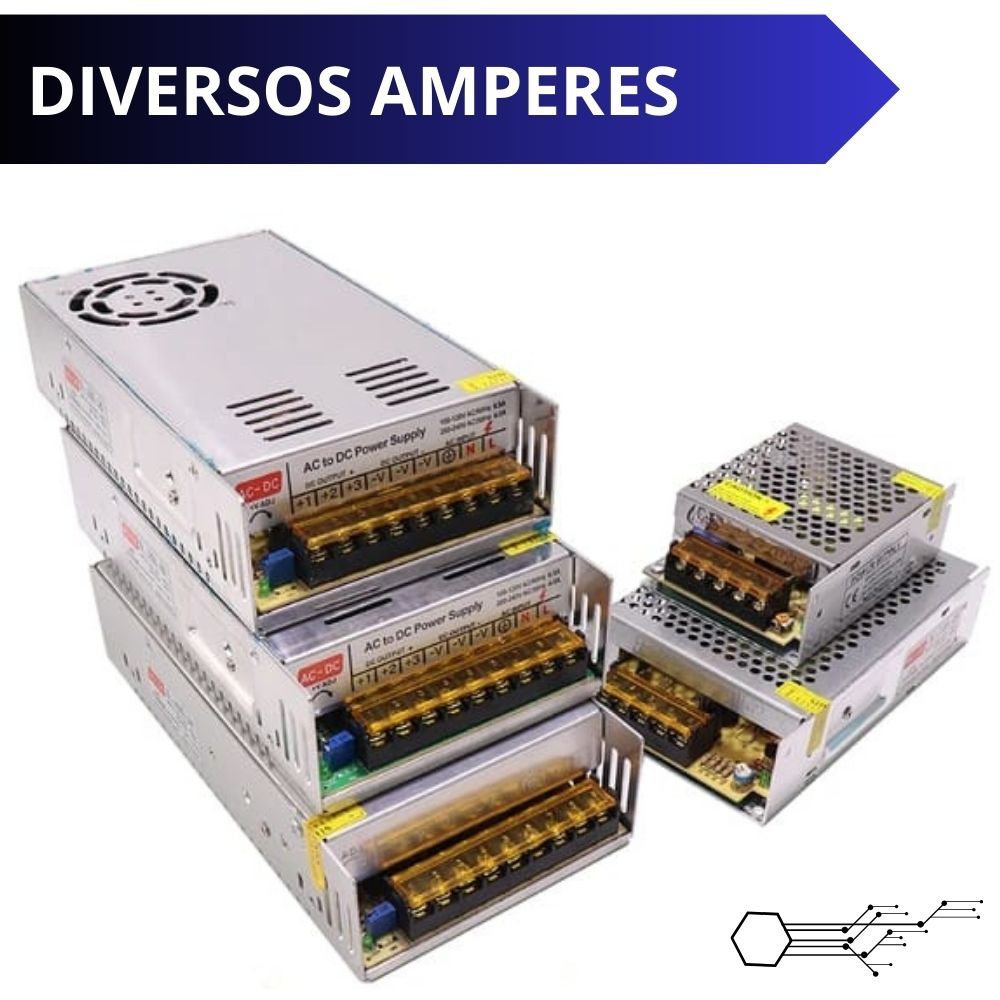 Fonte Chaveada Bivolt 5A, 10A, 15A, 20A, 30A, 50A, 12V Cameras, DVR, CFTV, Fita LED e Som Automotivo