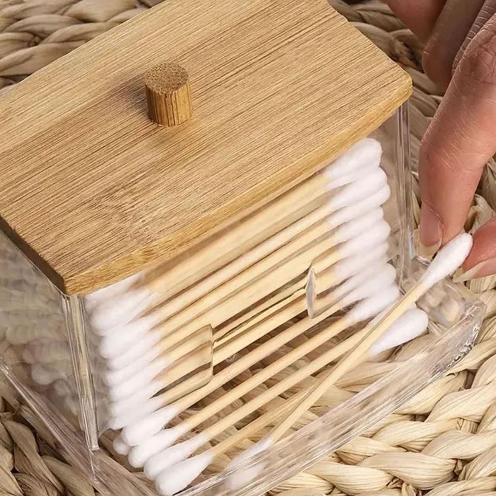 Porta Cotonete Higiene Composto Bambu Acrílico Pessoal Limpeza Pele Fratelli Organizadores Banheiro
