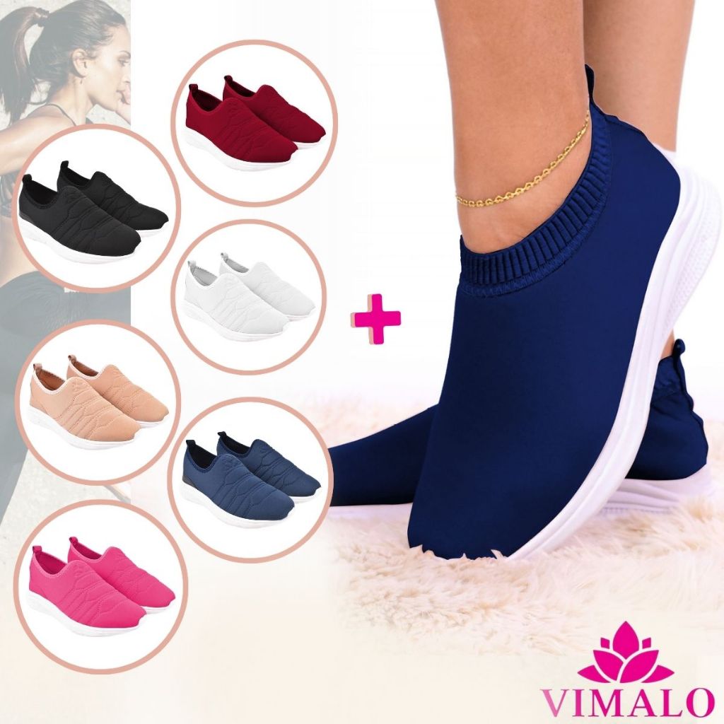 KIT 02 PARES Tênis Feminino Meia Calce Fácil Slip On Leve Flexível Confortável Para Caminhada Academia VL07 MARINHO+ VL01