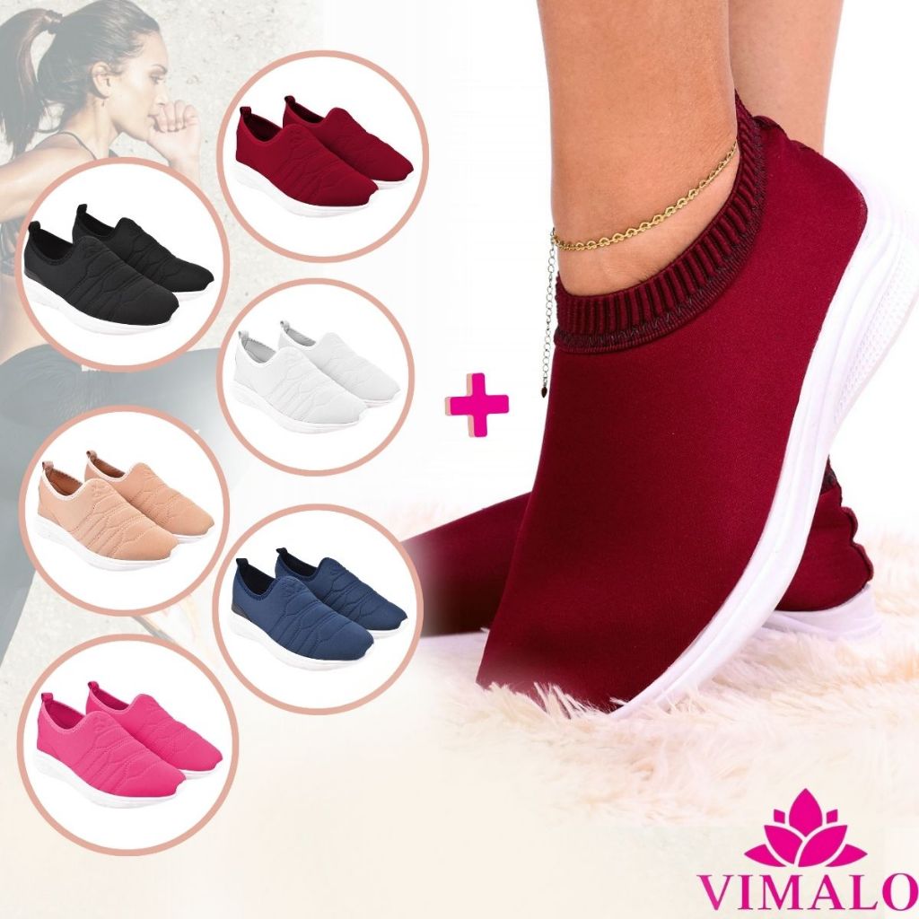 KIT 02 PARES Tênis Feminino Meia Calce Fácil Slip On Leve Flexível Confortável Para Caminhada Academia VL07 MARSALA+ VL01