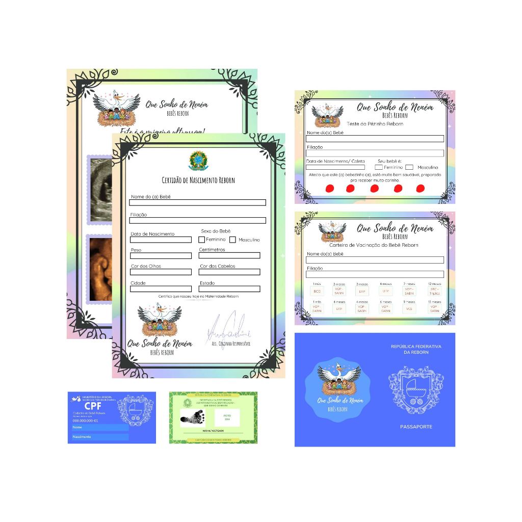 Bebe reborn Documentos para Bebê Reborn 7 itens