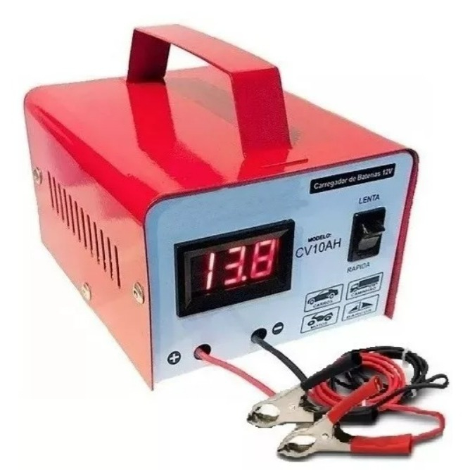 Carregador de Bateria Automotiva CV10 12 Volts 10 Amperes/Hr, Com Voltimetro, Bivolt, Flutuante Inteligente Carro, Moto, Barco, Jetski e Estacionaria