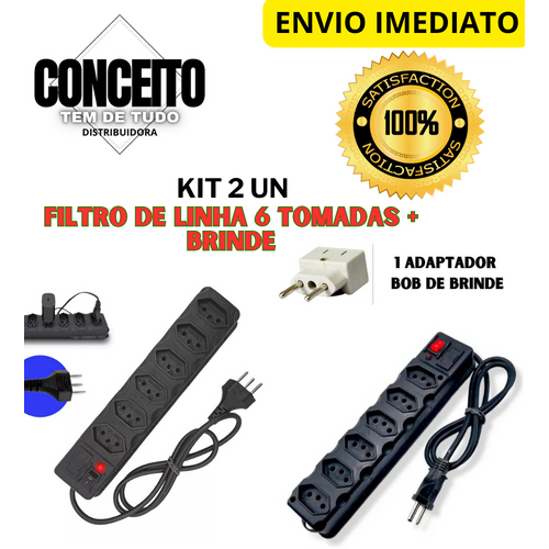 Kit 2 UN Filtro De Linha Régua De Tomadas 6 tomadas tripolar 10 Amperes com fusível  + Brinde