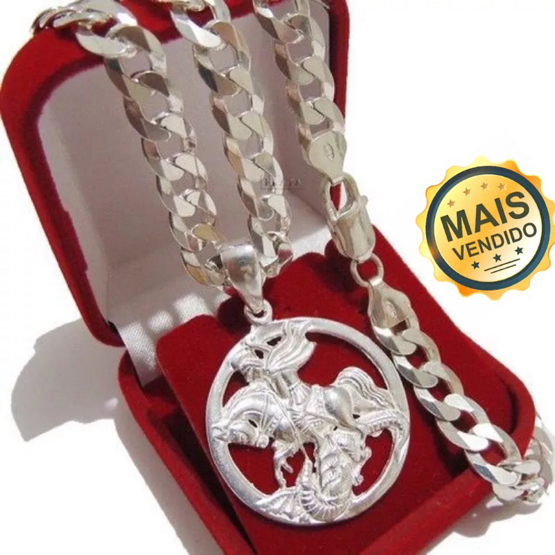 Conjunto Corrente Grossa 10mm 70cm + Pulseira+Pingente São Jorge Corrente de prata cordao masculino com pingente e pulseira kit conjunto