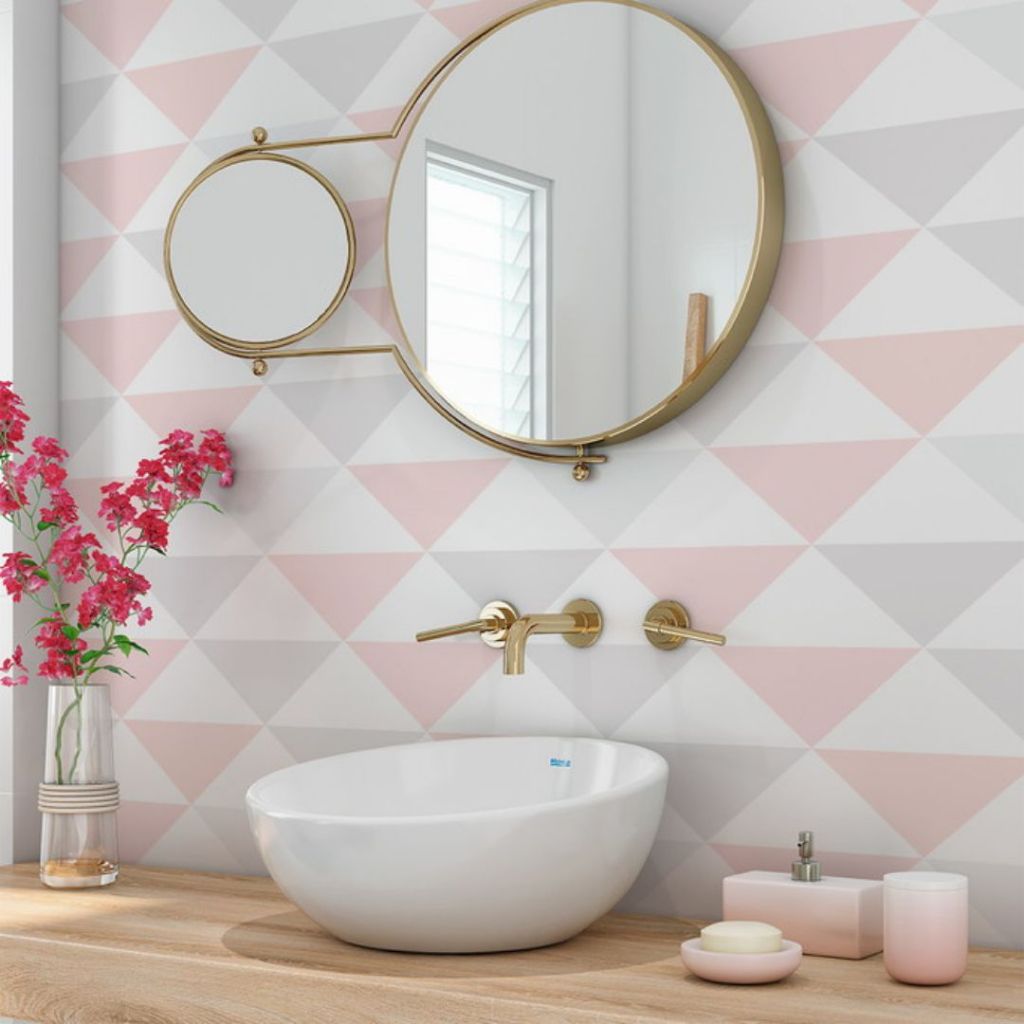 Papel de Parede 3d Adesivo Decorativo 5 Metros 10 Metros Autocolante Para Sala Multiuso Geométrico Rosa Branco Cinza Triângulos Feminino Para Quarto Autoadesivo Papel de Parede Adesivo para Sala Decorativo Sala