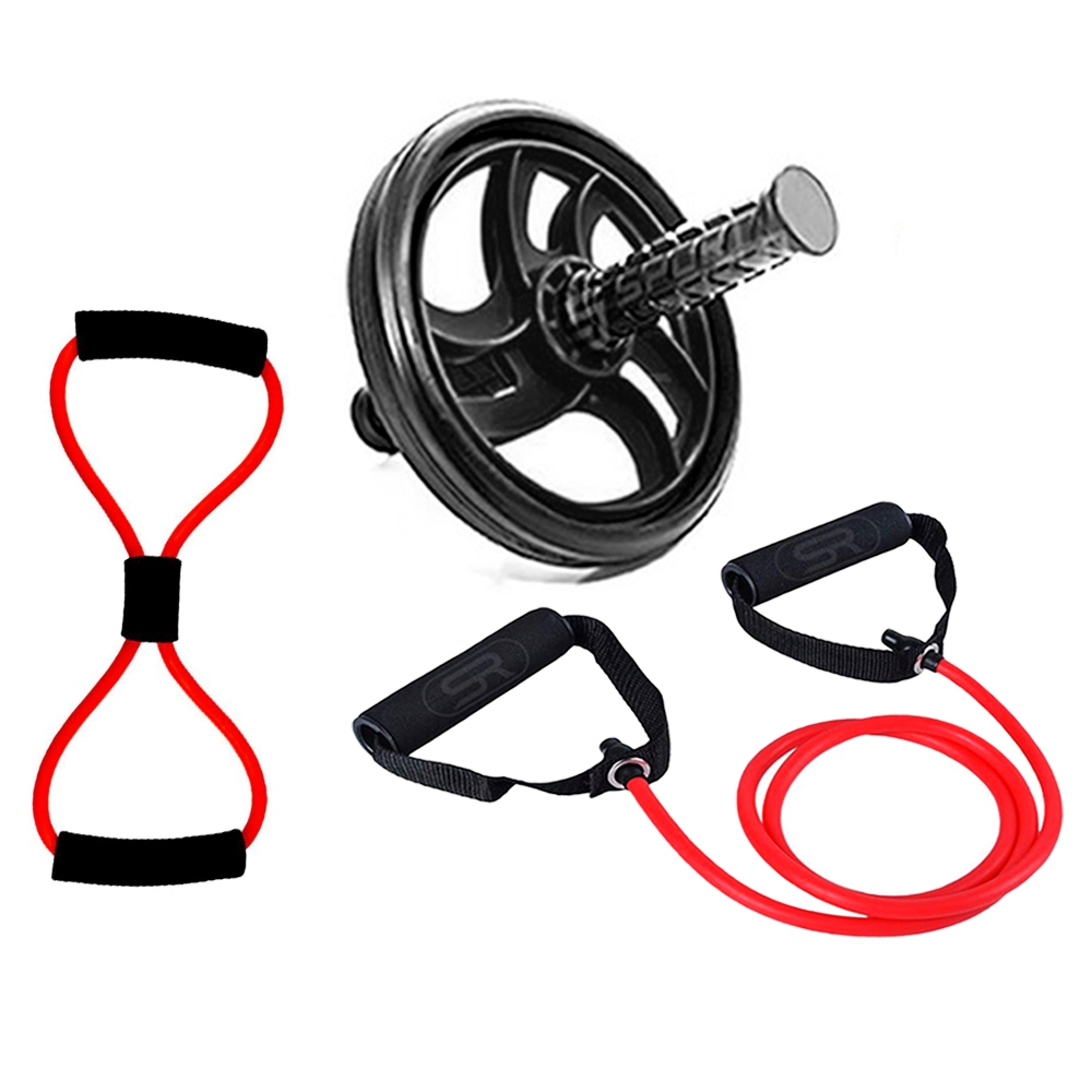 2 Elásticos Extensores Funcional + Roda Abdominal Exercícios