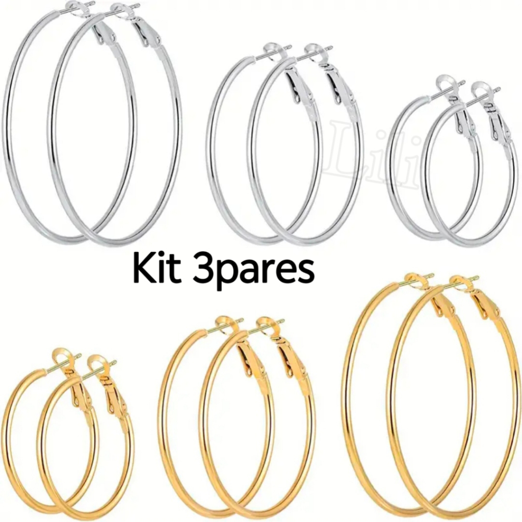 Kit 3 Pares Brincos De Argola Liso - Prata E Dourado (4,8/5,8/6,8 mm) em Oferta na Shopee