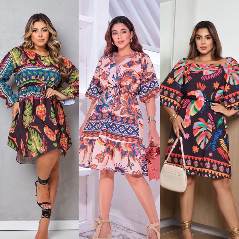 Vestidos inspiração Farm varios modelos Curto Mid e Macaquinhos Crepe Seda Farm