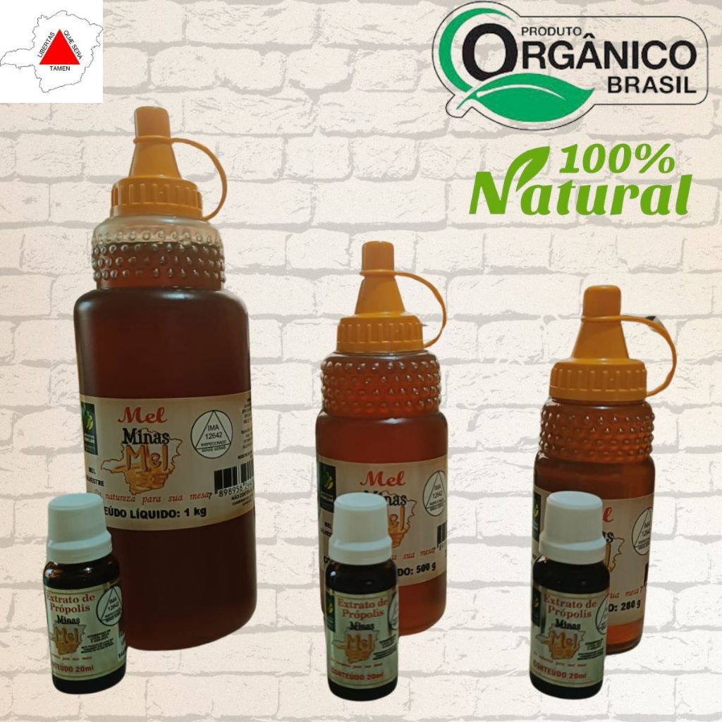COMBO: Minas Mel Verdadeiro 100% Orgânico e Natural + Extrato de Própolis Puro Verde Fintes Saudável possui Selo