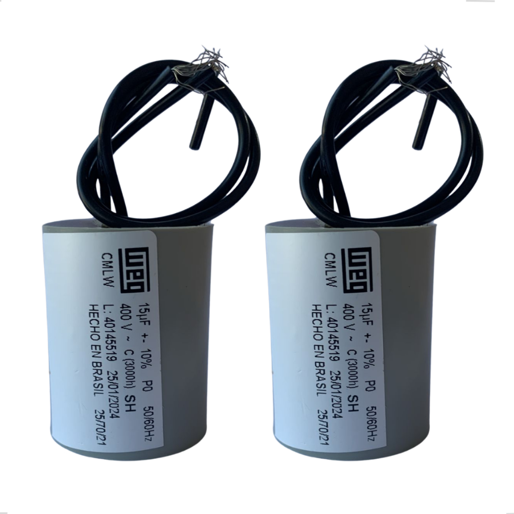 Kit Conjunto 2 Capacitor 15uf 380/400v 50-60hz 2 Fios Motores Ar Condicionado Maquina Lavar WEG
