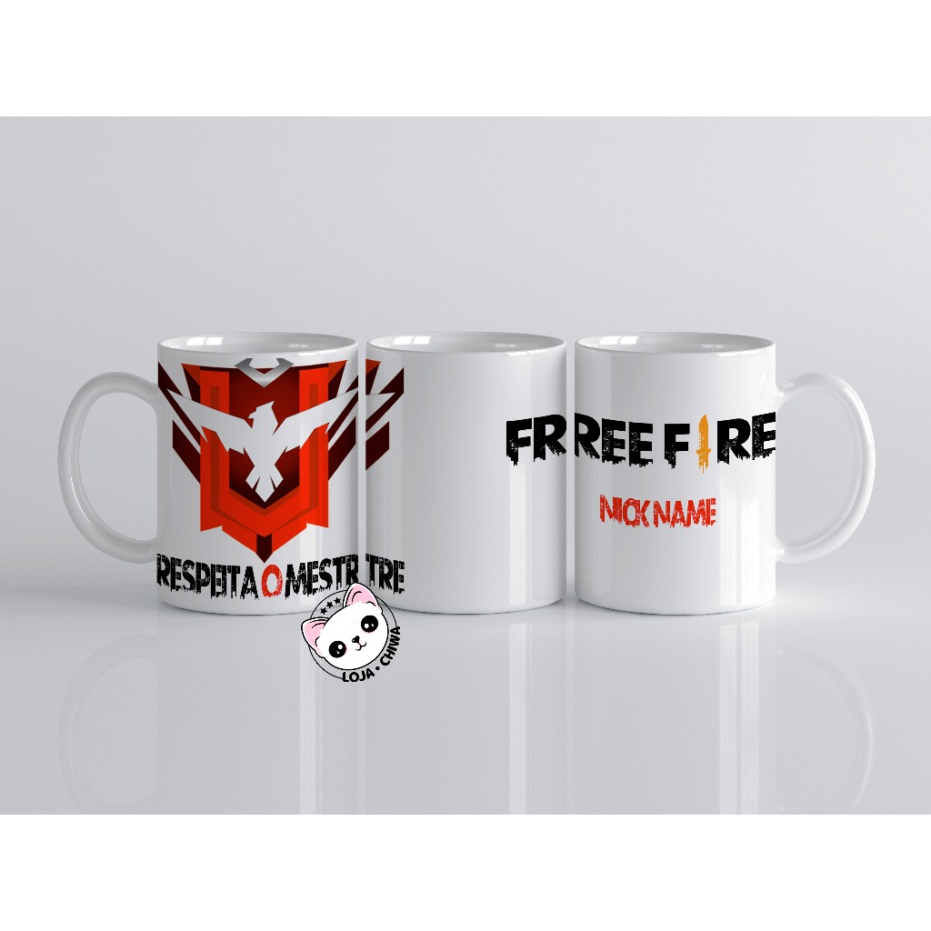 Caneca Personalizada Free Fire Respeita O Mestre com Nick Name Nome Jogo Gamer Battle Royal Cerâmica Importada