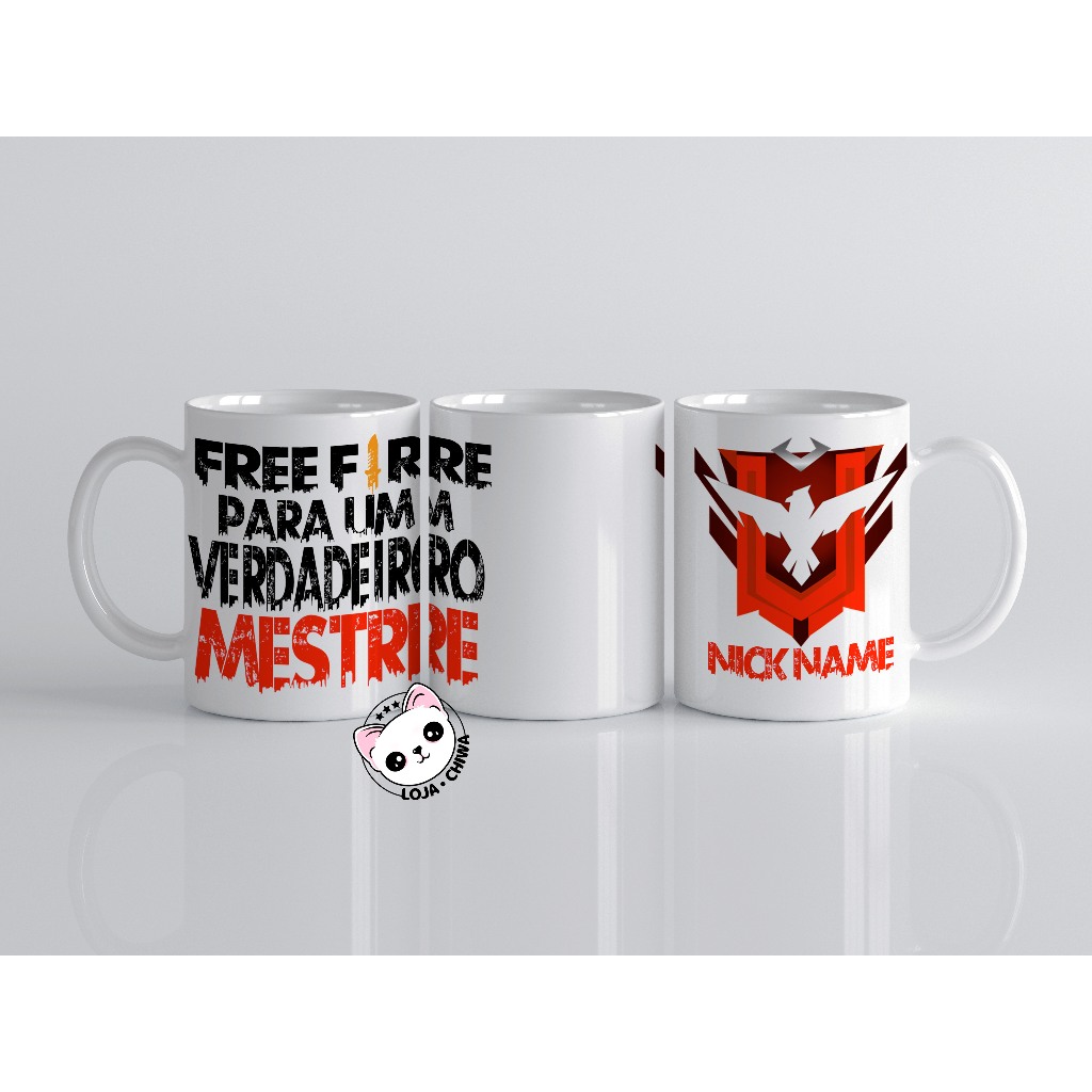Caneca Personalizada Free Fire Mestre com Nick Name Nome Jogo Gamer Battle Royal Cerâmica Importada