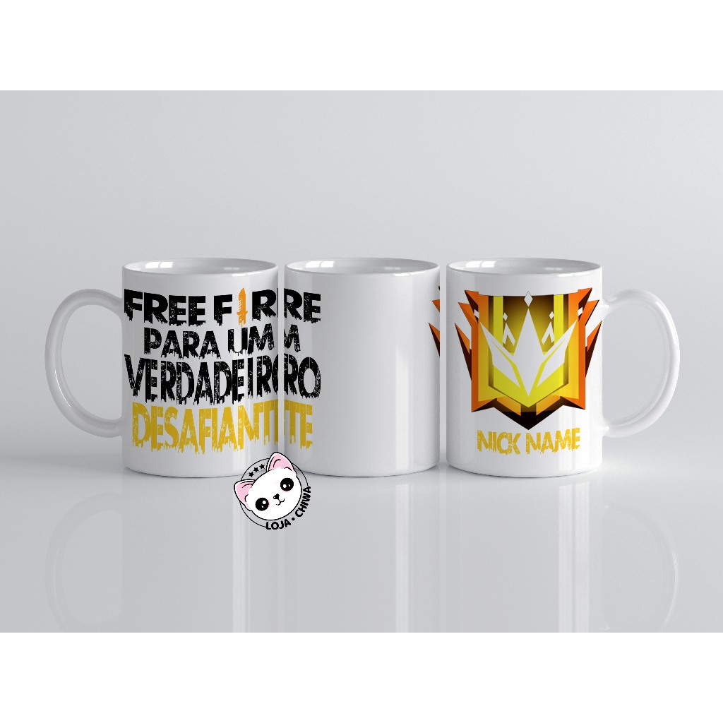 Caneca Personalizada Free Fire Desafiante com Nick Name Nome Jogo Gamer Battle Royal Cerâmica Importada