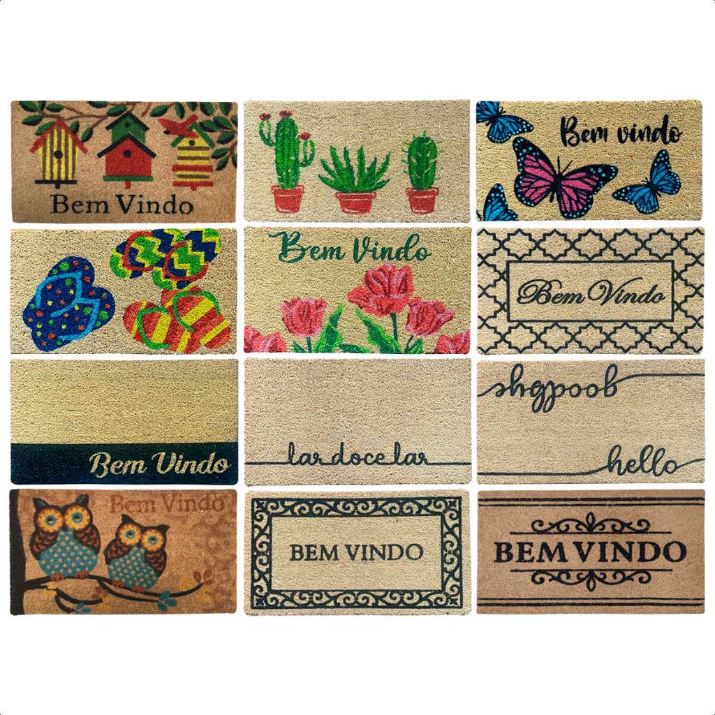 Tapete Para Porta De Entrada Bem Vindo Capacho Fibra de Coco Retangular Estampado 0,33cm x 0,60cm