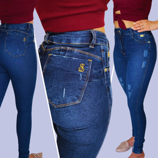 Calça Jeans Feminina Skinny Puido Escuro com USD Elastano Cintura Alta Efeito Levanta Bumbum em Oferta na Shopee