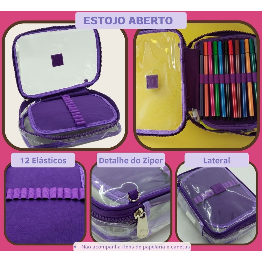 Estojo Box Transparente Grande Escolar Nécessaire Organizado