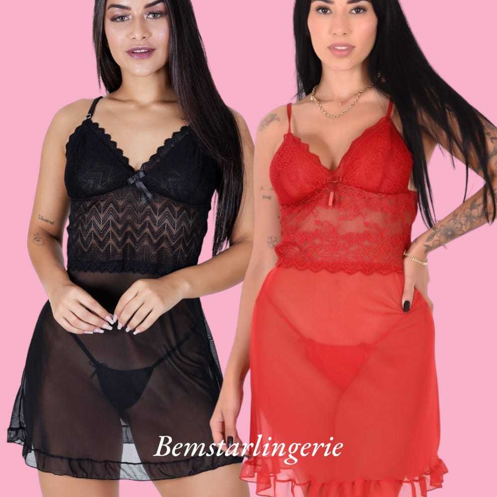 Camisola  Kit 2 Camisola Feminina Lingerie em Tule e Renda Camisolas Linha Noite Lingerie Feminina