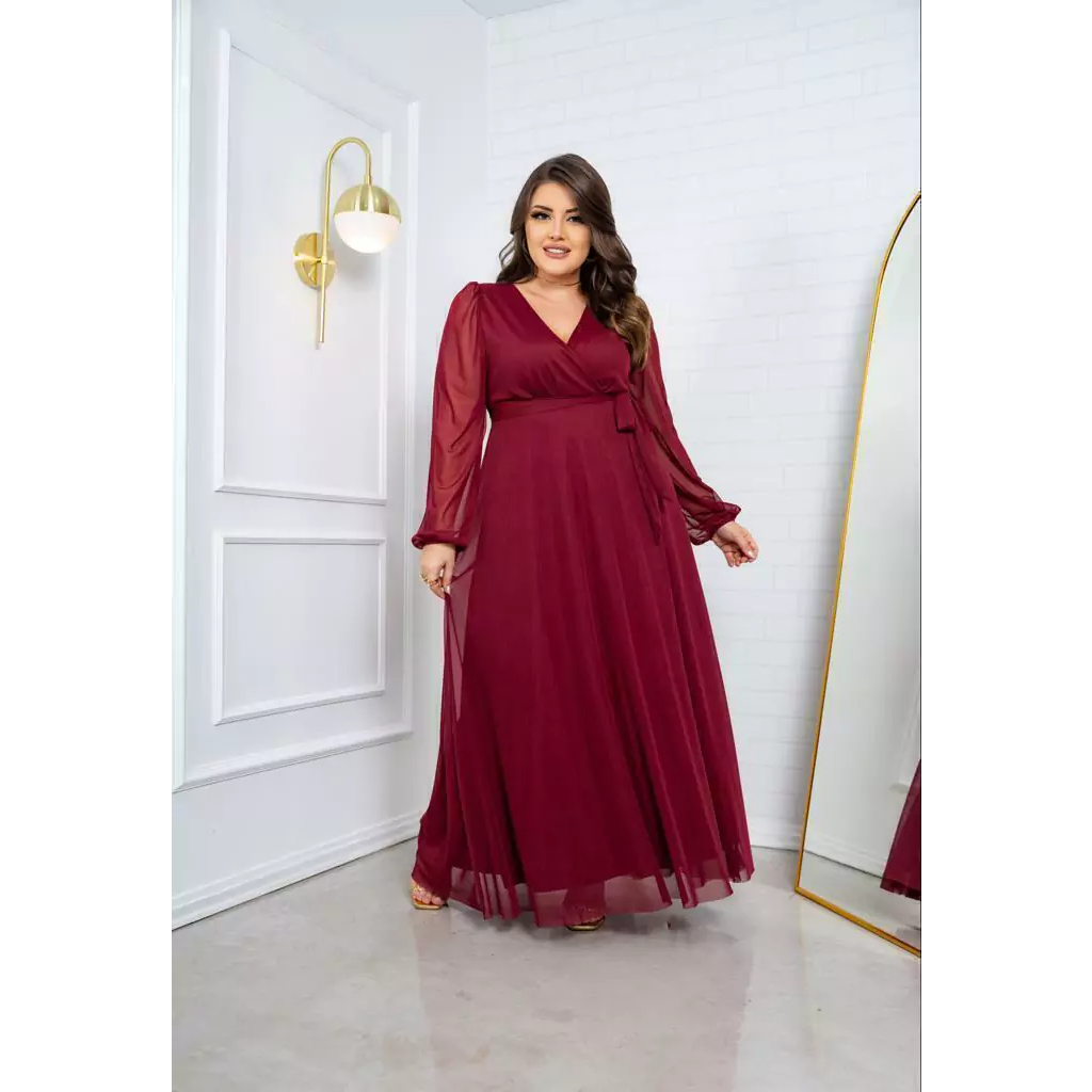 Vestido Longo Tule Com Fenda Elegante Plus Size