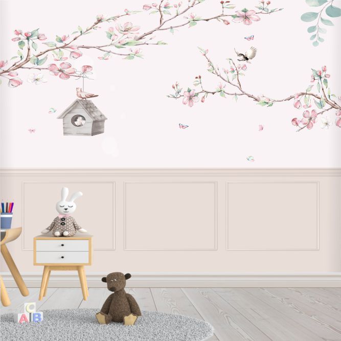 Papel de Parede Adesivo Boiserie com Galhos e Casa de Passarinho – Decoração para Quarto de Menina