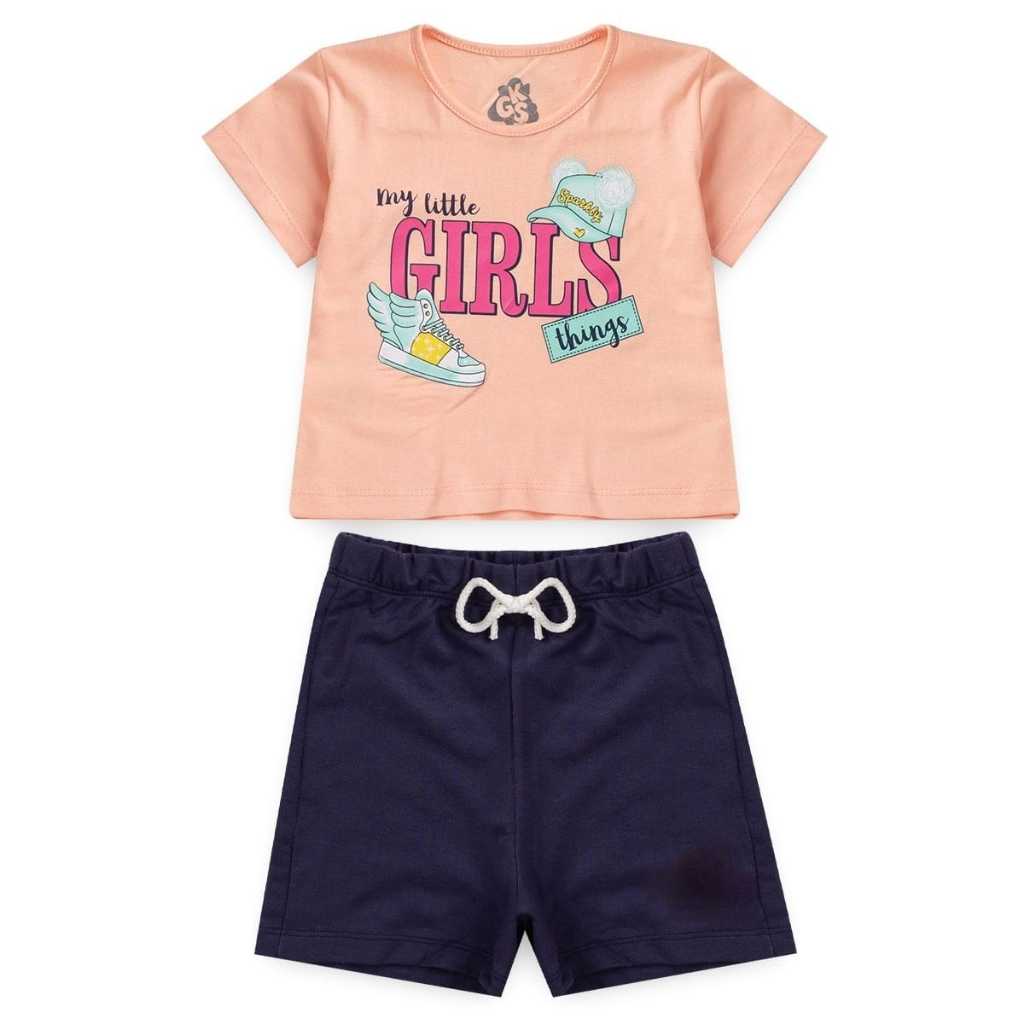 Conjunto Infantil Menina Verão Blusa Cropped Meia Malha Shorts Moletinho Confortável Casual - Conjunto feminino Barato