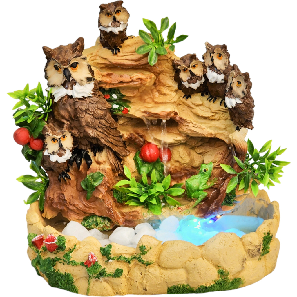 Fonte Coruja Familia Cascata De Água Com Led Cromoterapia Decorativa Em Resina