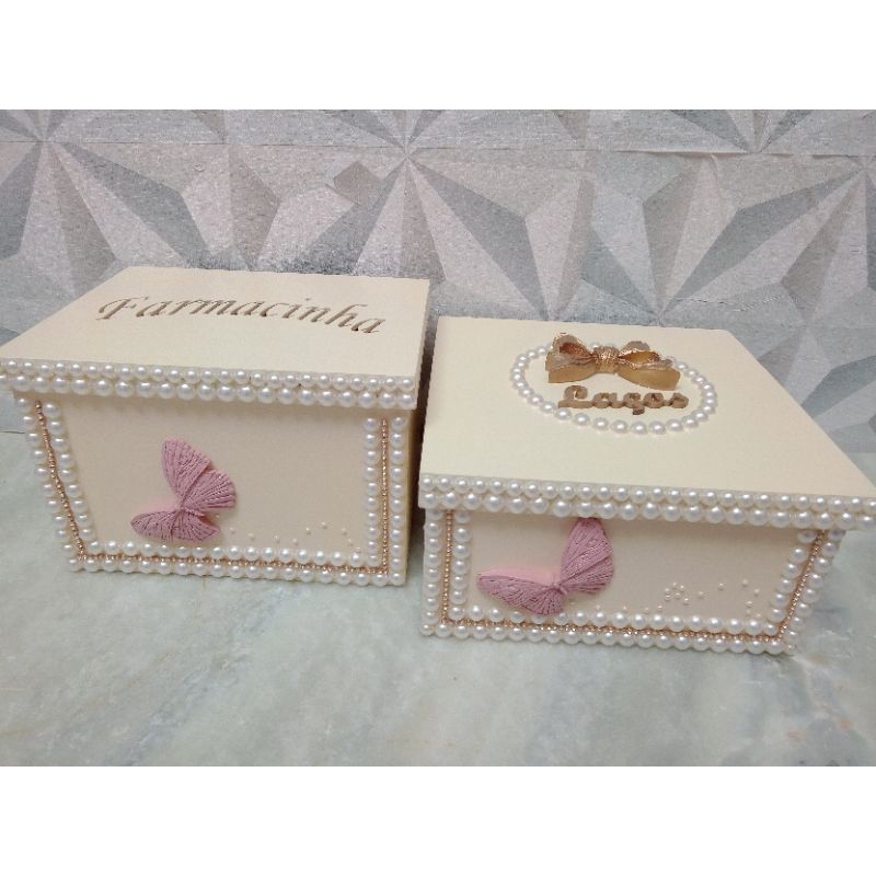 kit higiene farmácinha e caixa de laços borboleta para bebê em MDF em Oferta na Shopee