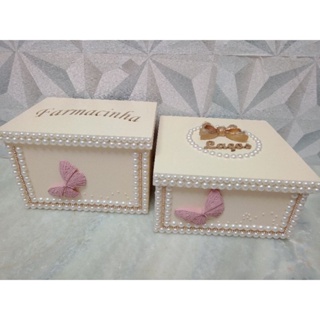 kit higiene farmácinha e caixa de laços borboleta para bebê em MDF em Oferta na Shopee