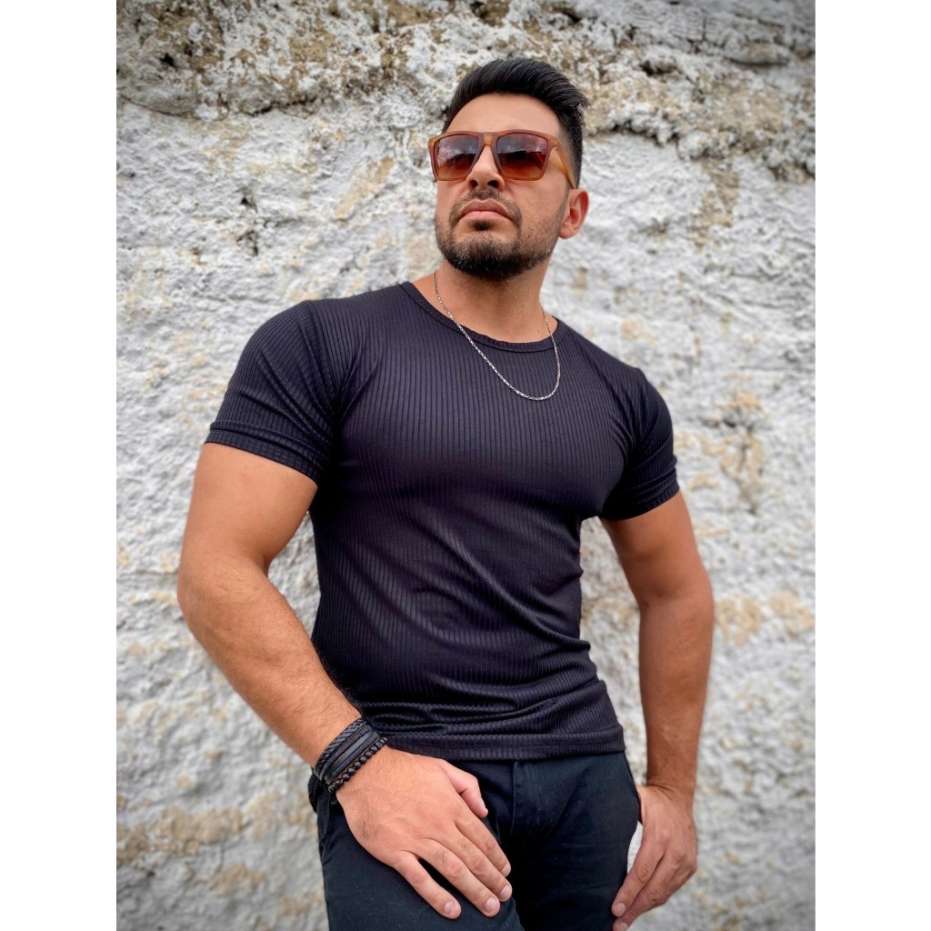 Camiseta Masculina Canelada Estilo Americano Slim Fit em Oferta na Shopee