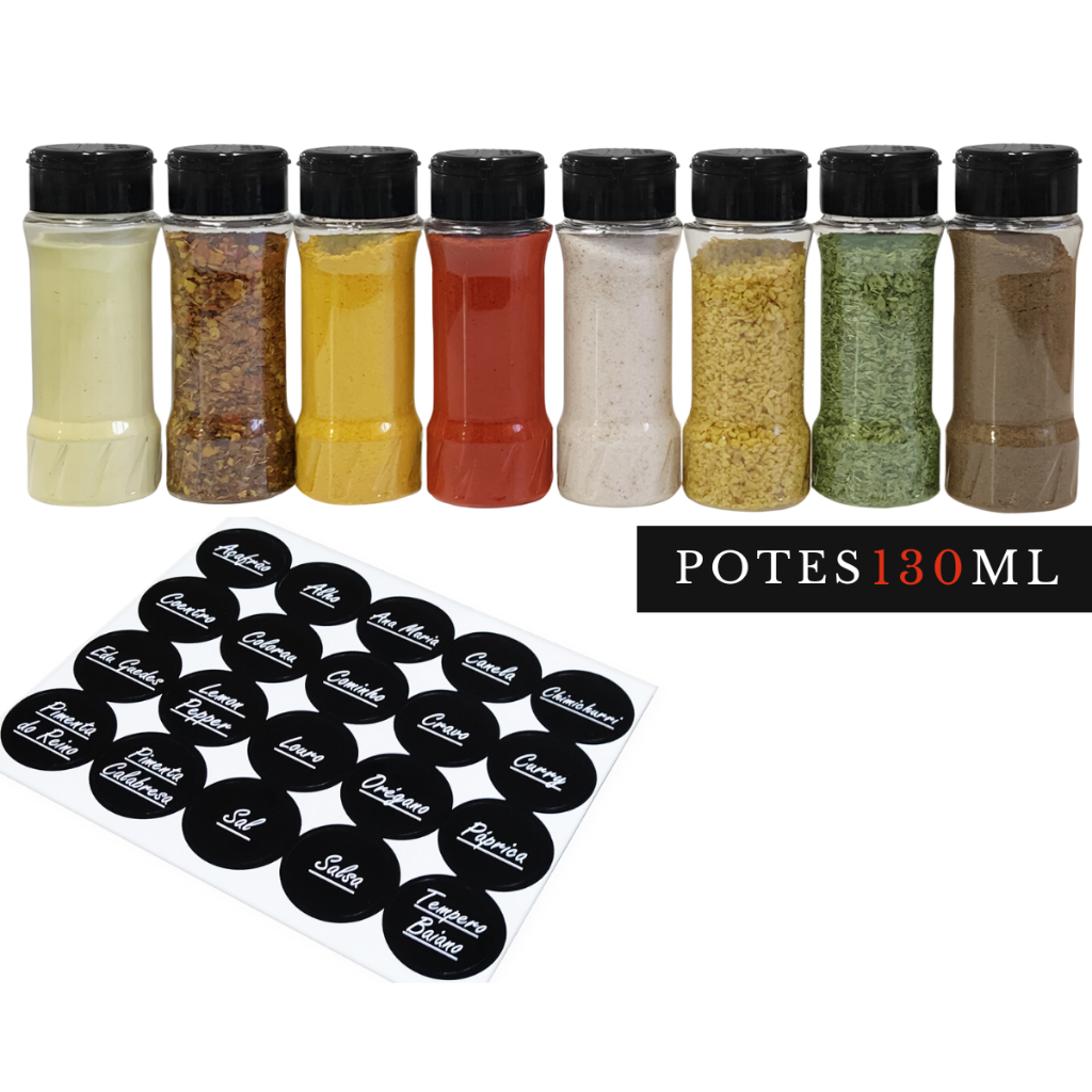 Kit 8 Potes de Plástico Tempero Condimento com Tampa Dosadora Dupla + Etiquetas em Oferta na Shopee