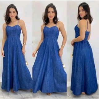 VESTIDO JEANS LONGO COM ALÇA REGULÁVEL em Oferta na Shopee