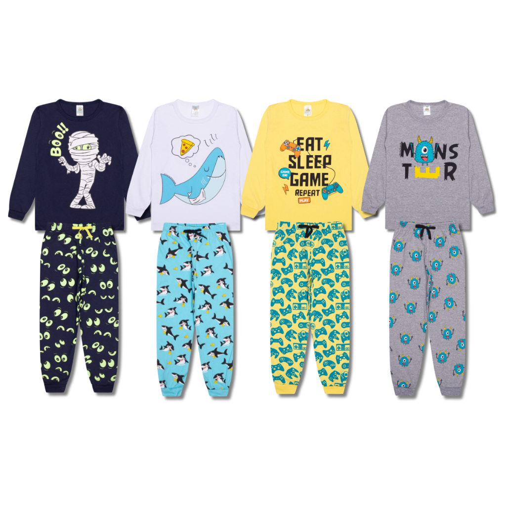 Detalhes do Kit Sortido 4 Peças Pijama Infantil Menino Manga Comprida Tamanho 1 ao 10