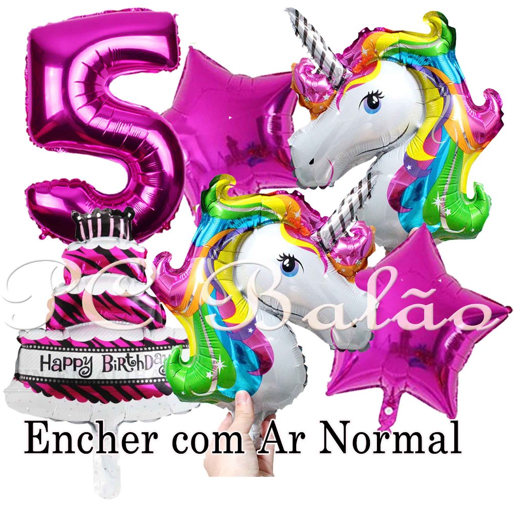 Kit 6 Balão Metalizado 2 UNICÓRNIO 1 N° 40cm ROSA PINK + 2 Estrela 22cm + 1 BALÃO Bolo P/ DECORAÇÃO
