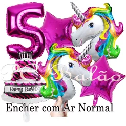 Kit 6 Balão Metalizado 2 UNICÓRNIO 1 N° 40cm ROSA PINK + 2 Estrela 22cm + 1 BALÃO Bolo P/ DECORAÇÃO