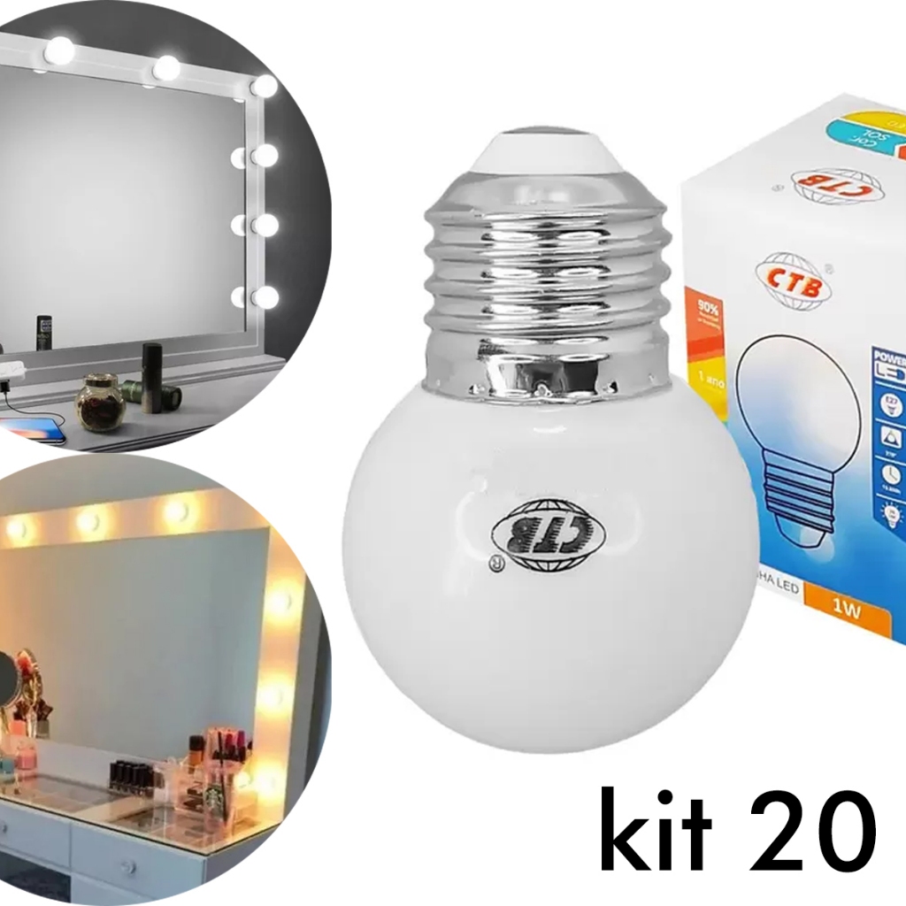 Kit 20 Lâmpada Led Bolinha 1w E27 Penteadeira Camarim Varal Espelho Abajur Lustre Branco Quente 127v Ou 220v