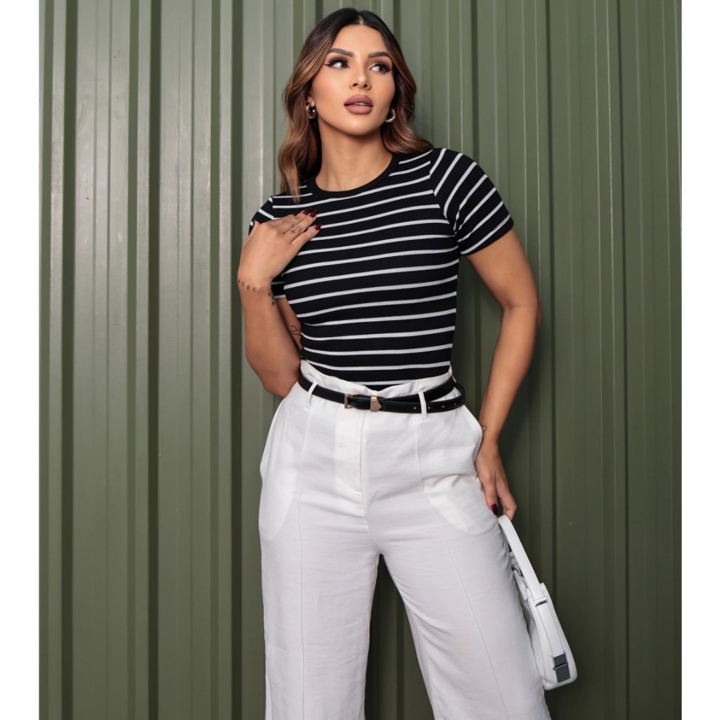 Blusa Feminina Canelada de Altíssima Qualidade Blusinha em Ribana listrada