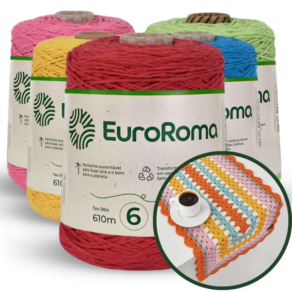 Barbante Euroroma 600g Fio 6 e Fio 8 Crochê Artesanato Tapete Tricô Tear Sousplat Bolsas Amigurumi