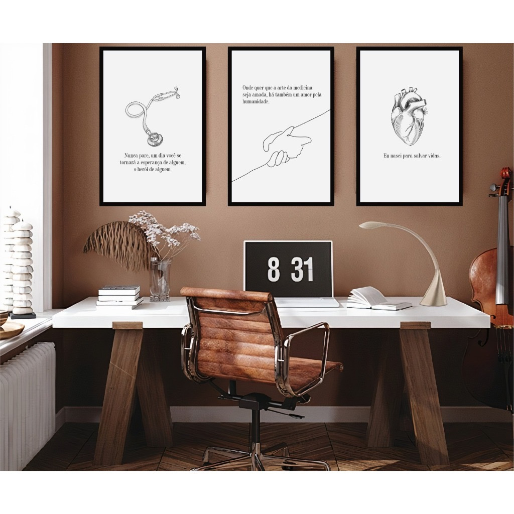 kit 3 quadros decorativos medicina médicos estetoscópio corpo humano consultório médico com molduras