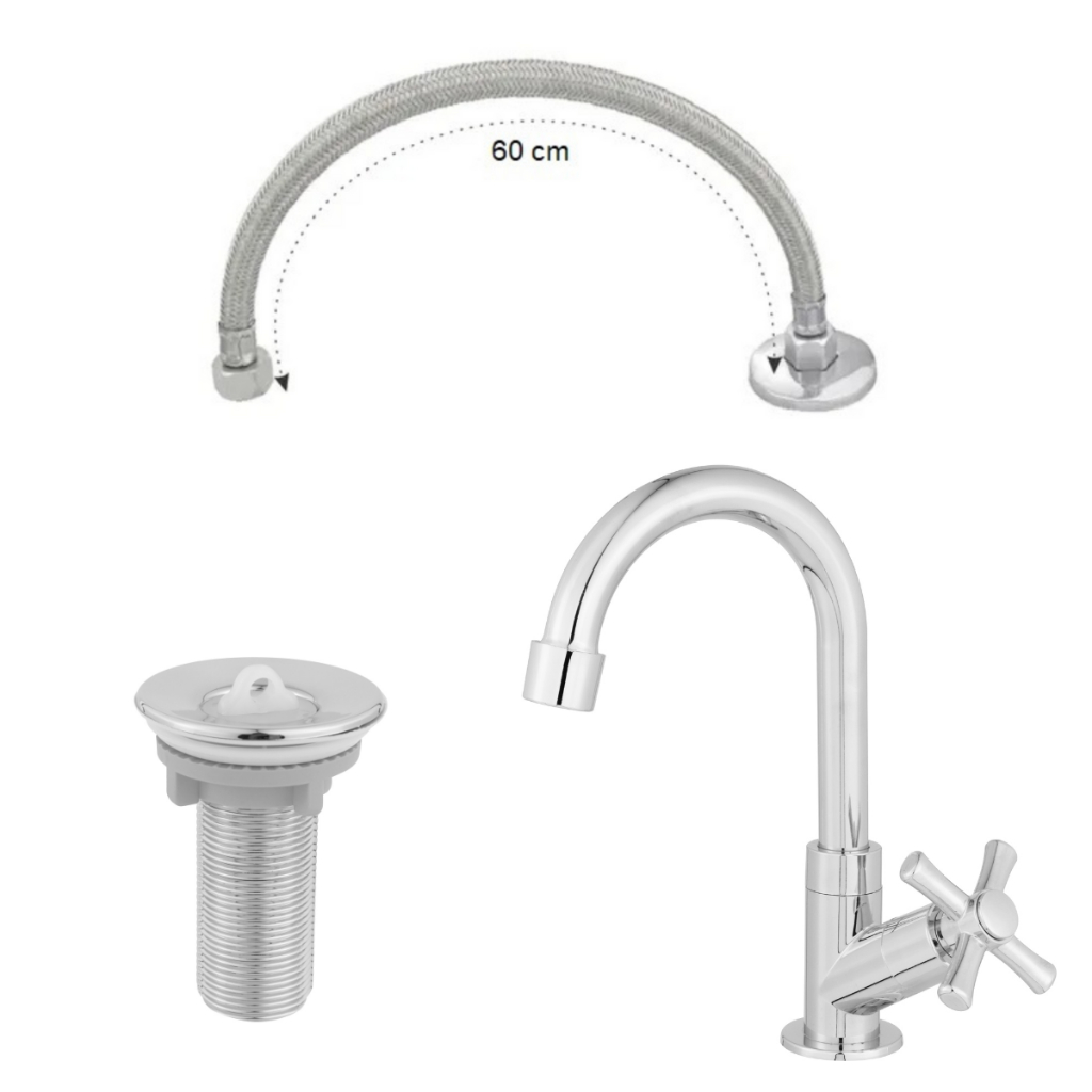 Kit Banheiro Torneira Lavatório ABS Cromada + Válvula lavatório + Engate Flexível Trançado 60 cm
