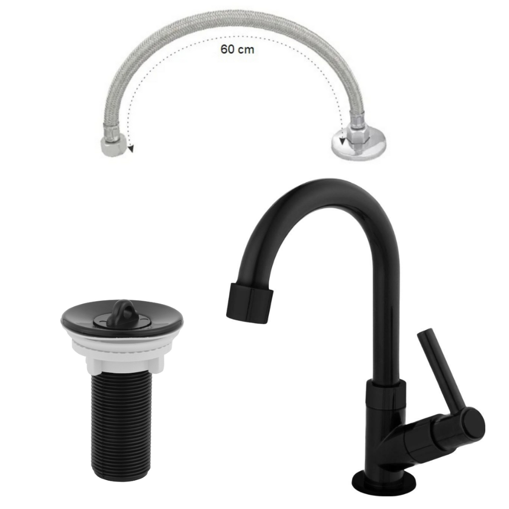 Kit Banheiro Torneira Lavatório ABS Preta+ Válvula lavatório + Engate Flexível Trançado 60 cm