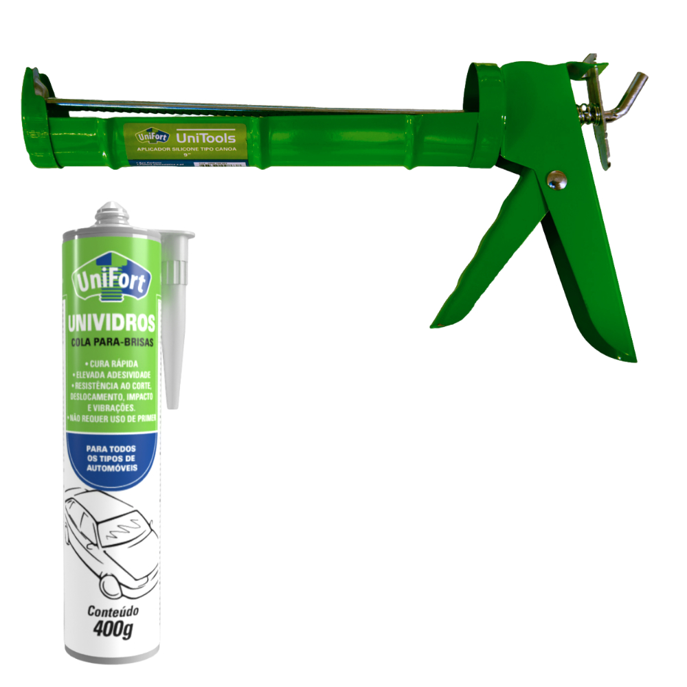 Kit Cola Pu Parabrisa Unividros + Aplicador De Silicone Selante Aço Carbono Tipo Canoa Ergonômico