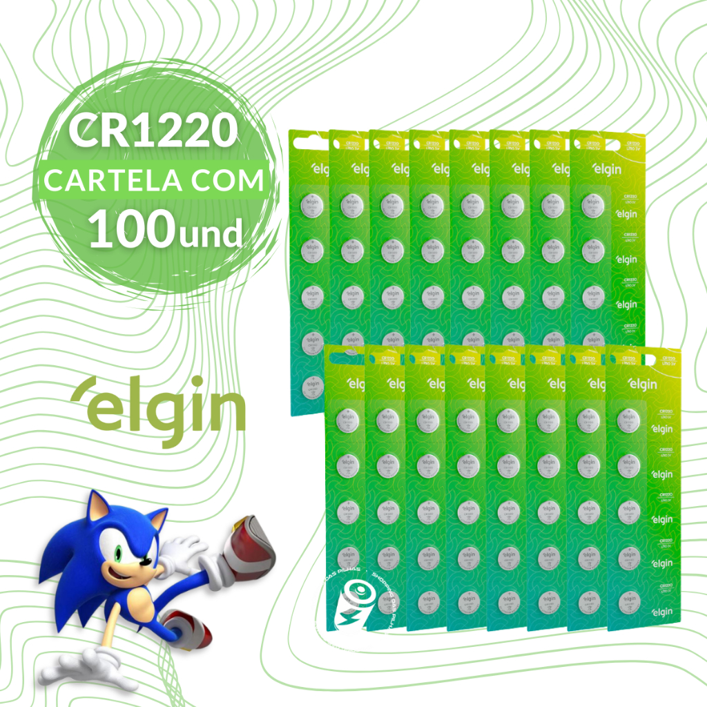 100 Baterias Moeda Botão Pilha Cr1220 3v Elgin Lítio Lithium - 20 Cartelas C/ 5 Unidades