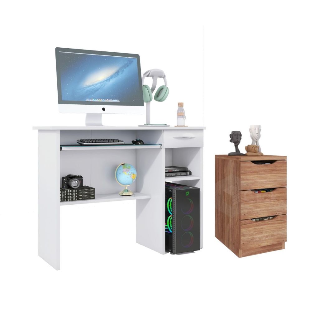 Mesa Multiuso Estudos Computador Com Estante +Gavetão